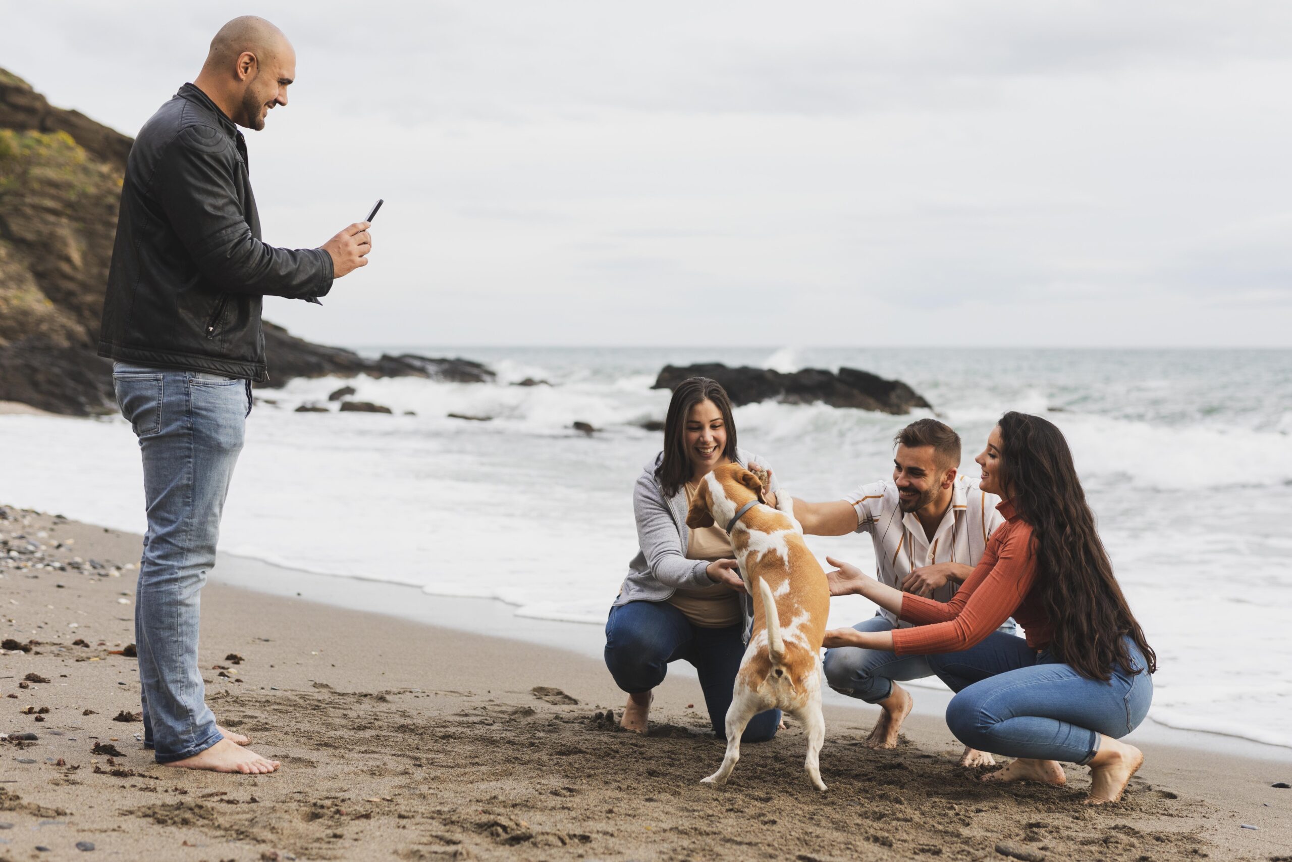 friends-taking-photo-with-dog